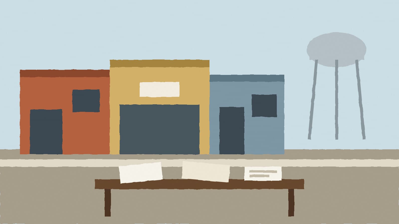 Small town storefronts and table - illustration, Jake Team LLC